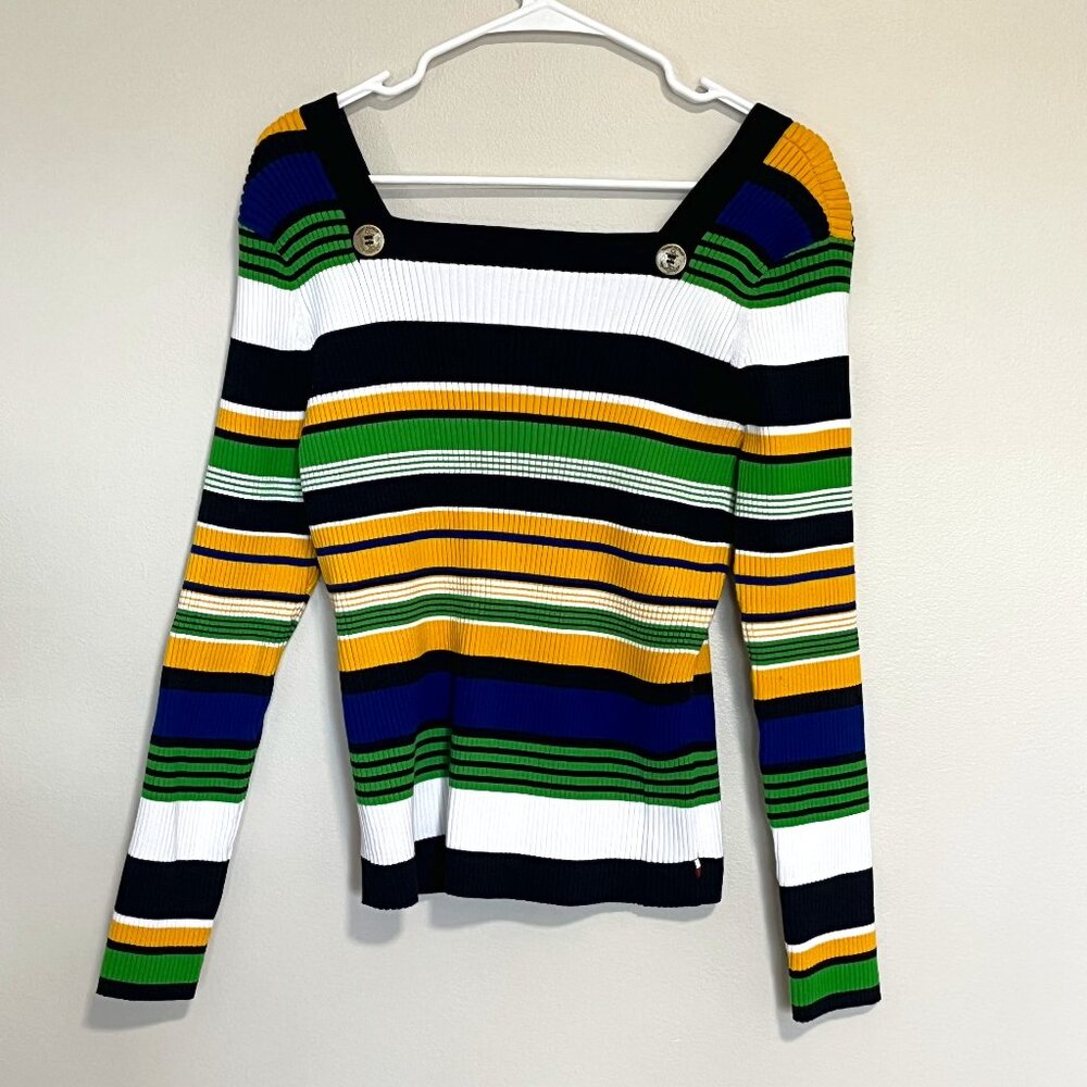 Y2K Tommy Hilfiger Striped Square Neck Sweater Yellow Blue White Size XL